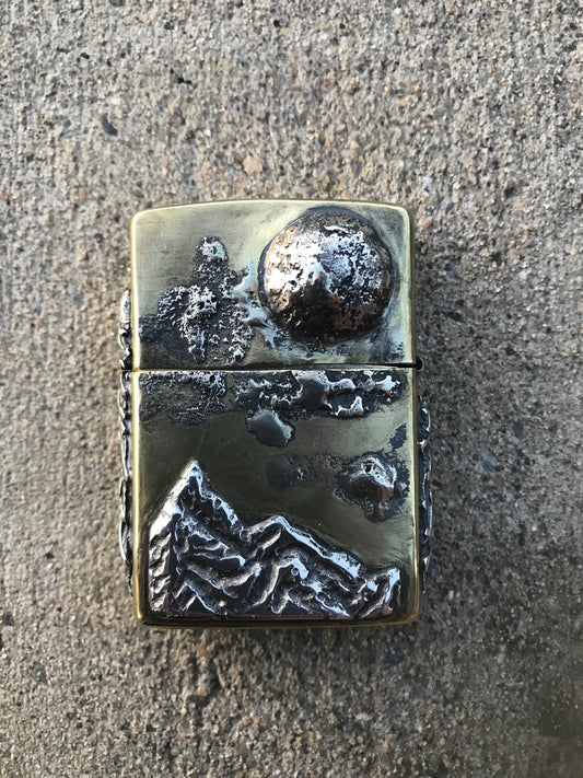 Zippo Mountain Lighter with Clouds, Moon, and Pine Trees